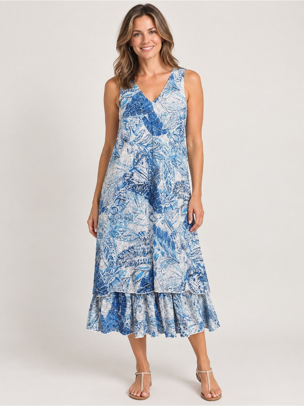 V-Neck Blue Printed Ruffle-Hem Midi Dress